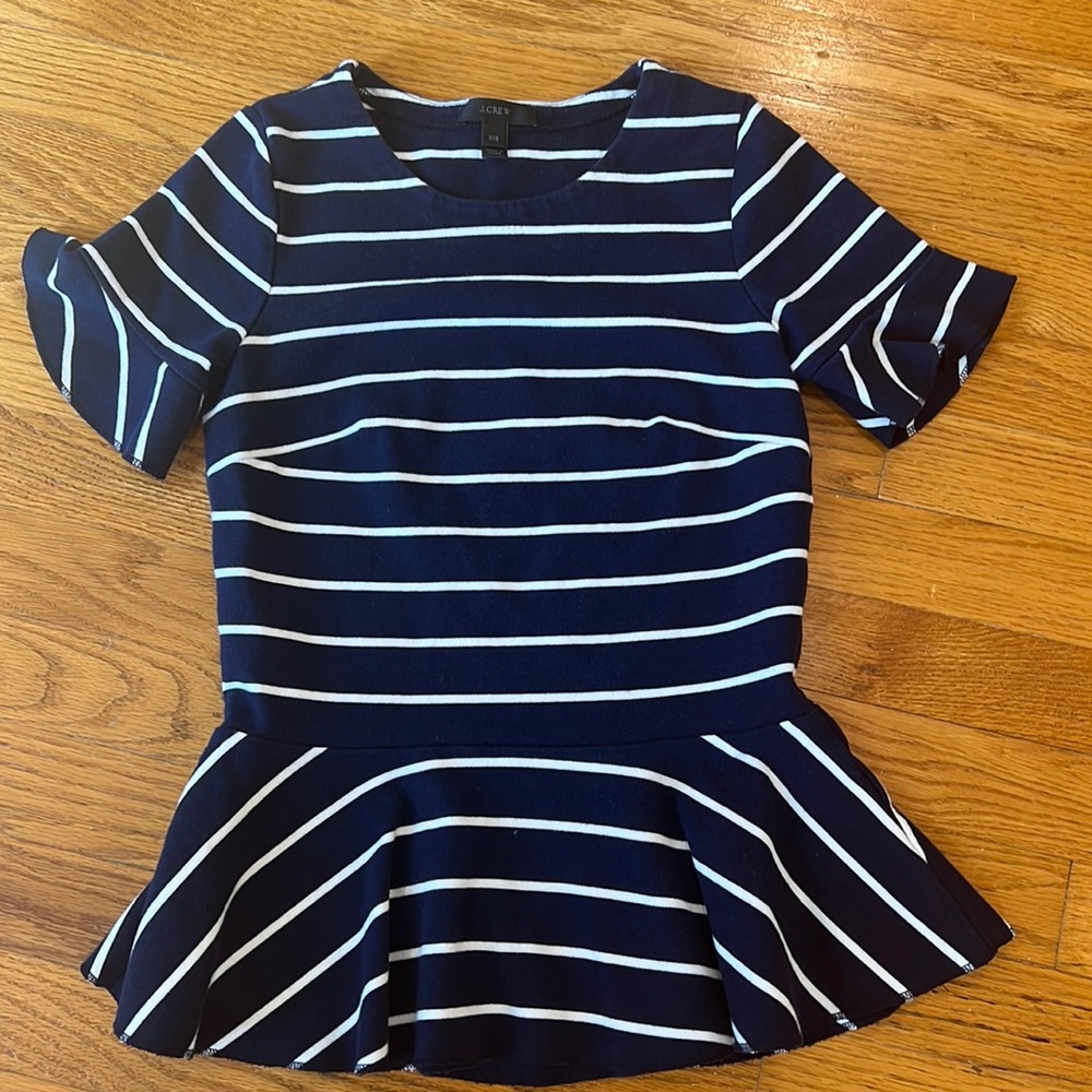 Women’s J Crew navy with white stripes top, xxs. Flair at waist and sleeves